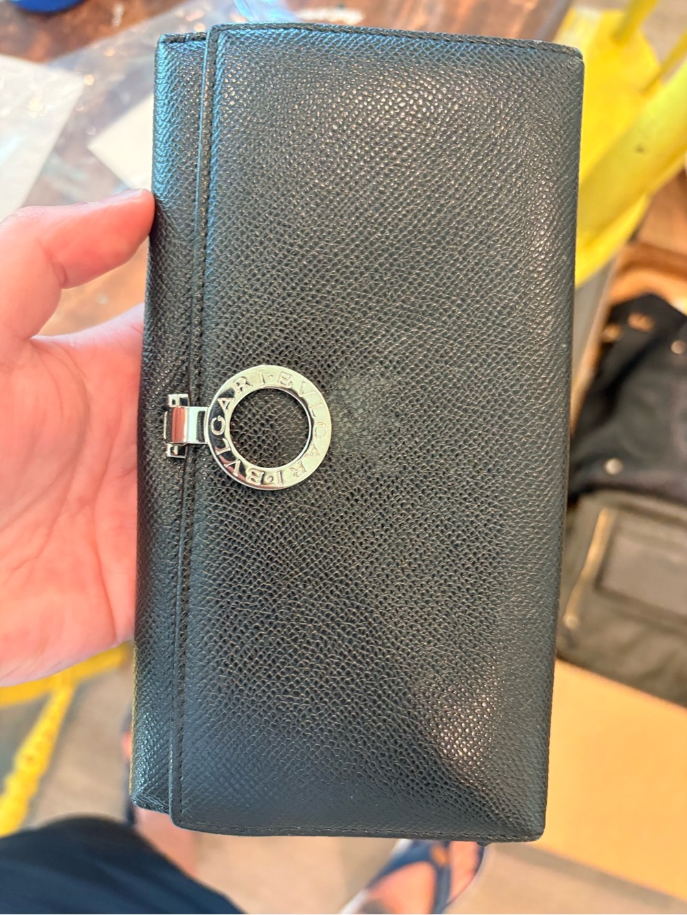 Bulgari Black Leather Key & Card Holder with Silver-Tone Logo Ring